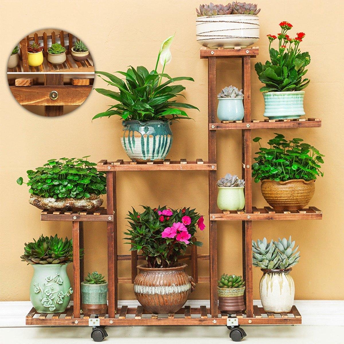 houten plantenrek 94 bij 88 cm met wieltjes bruin | bol.com