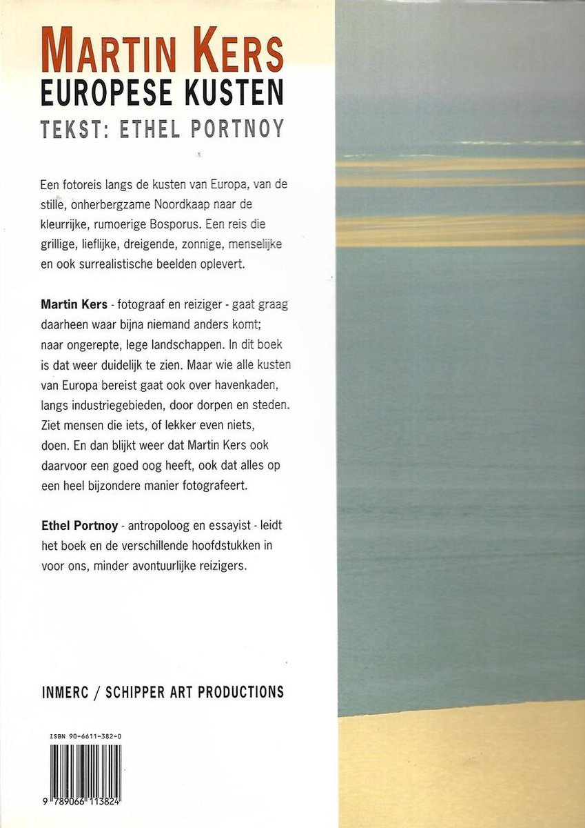 Achterkant boek 'Europese Kusten' met tekst over de inhoud en de auteurs.