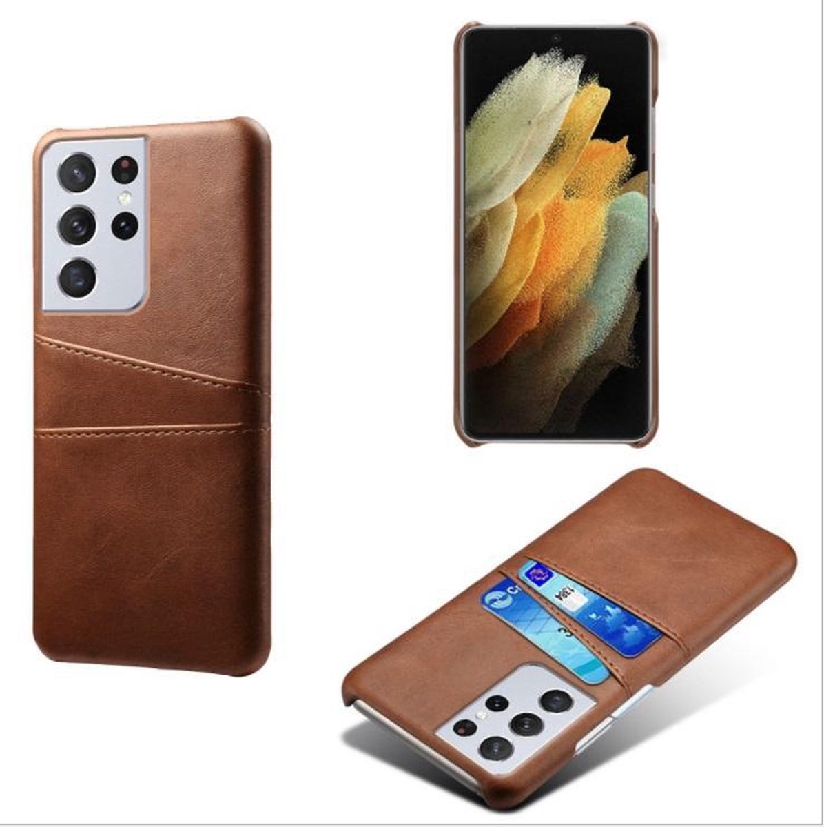 Backcover met Opbergvakjes + PMMA Screenprotector voor Galaxy S21 Ultra 5G _ Donkerbruin