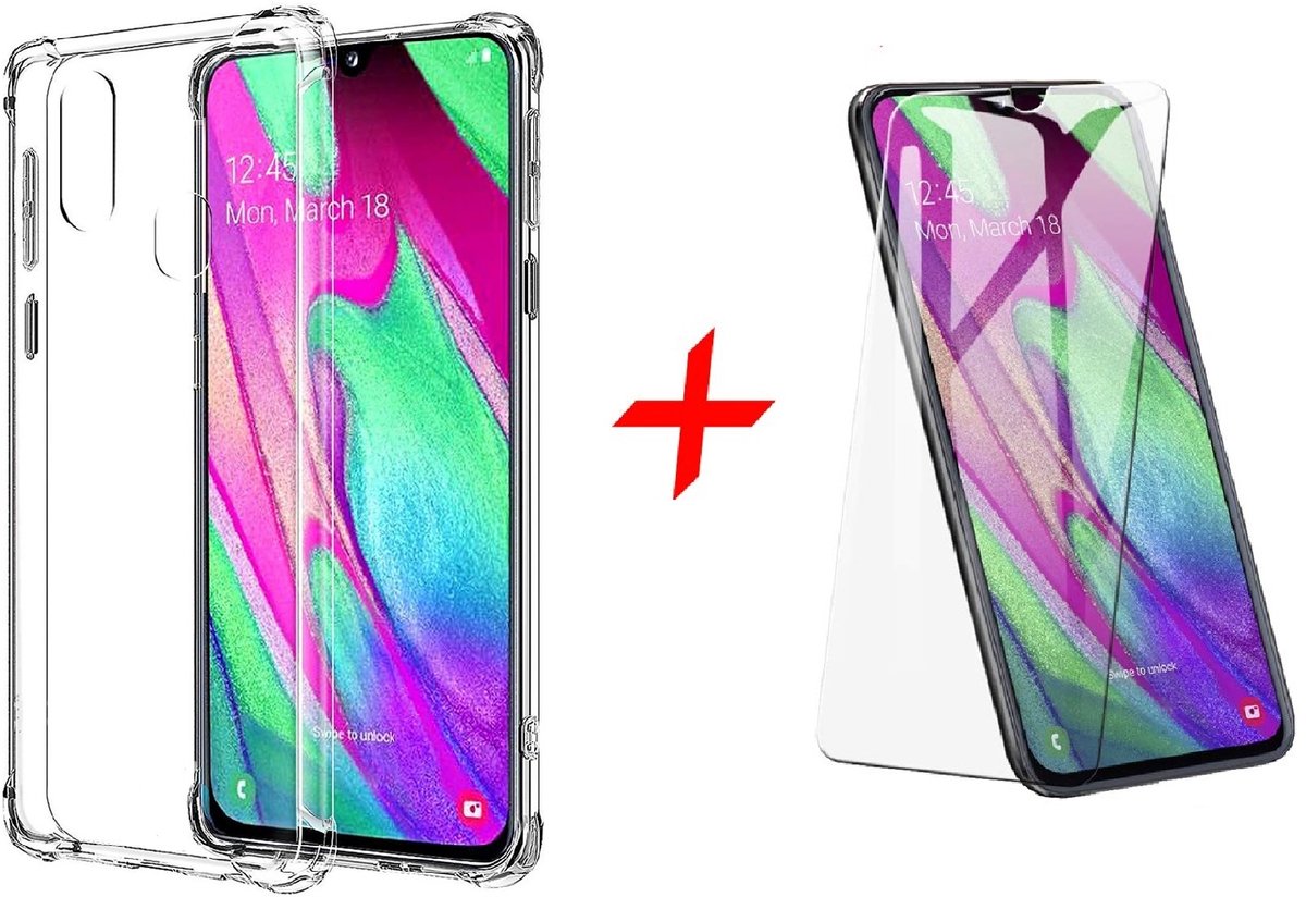 Samsung Galaxy A40 Transparant Anti Burst Shock Hoesje + Glazen screenprotector - van Bixb