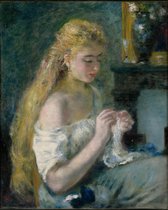 Kunst: Woman Crocheting C. 1875 van Pierre Auguste Renoir. Schilderij op canvas, formaat is 45x100 CM