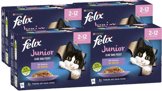 Felix Elke Dag Feest in Gelei Junior Mix Selectie- Kattenvoer Natvoer - Tonijn Zalm Rund & Kip - 48 x 85 g