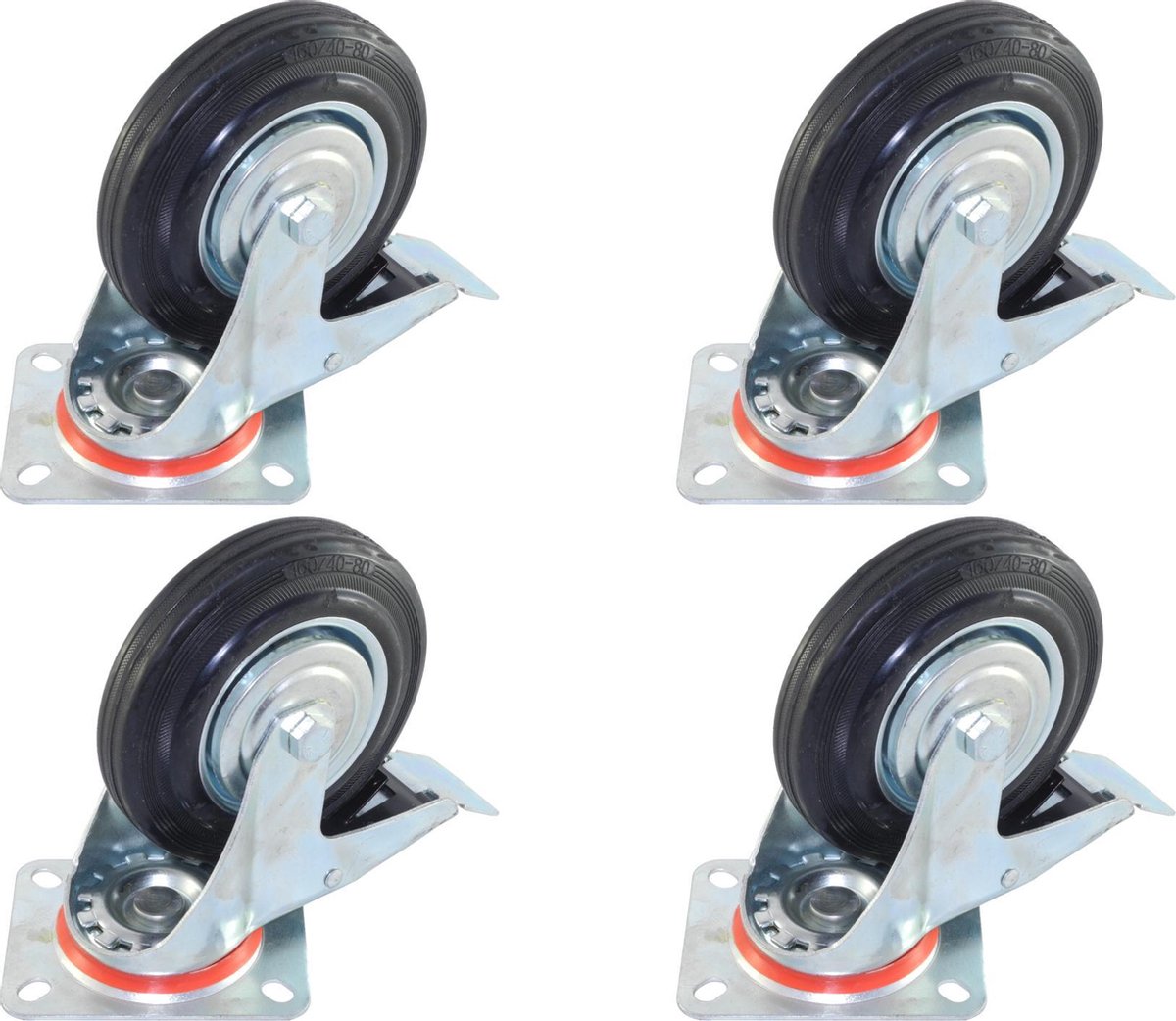 Set van 4 Transportwielen Zwenkwielen met Rem 160mm | Stalen Velg | Rubberen Band | Draagvermogen 160kg | Bouwhoogte 190mm