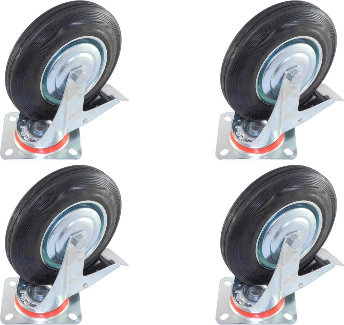 Set van 4 Zwenkwielen Transportwielen met Rem 200mm | 200/50-100 | Stalen Velg | Rubberen Band | Draagvermogen 205kg | Bevestigingsplaat 133x106mm | Bouwhoogte 232mm