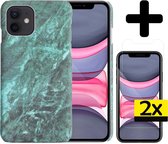 Hoes voor iPhone 11 Hoesje Marmer Case Groen Hard Cover Met 2x Screenprotector - Hoes voor iPhone 11 Case Marmer Hoesje Met 2x Screenprotector - Groen