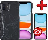 Hoes voor iPhone 11 Hoesje Marmer Hardcover Fashion Case Hoes Met 2x Screenprotector - Hoes voor iPhone 11 Marmer Hoesje Hardcase Back Cover - Zwart x Wit