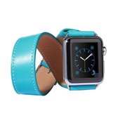 Voor Apple Watch 42 mm dubbele cirkel stijl metalen gesp koeienhuid lederen horlogeband met connector (blauw)