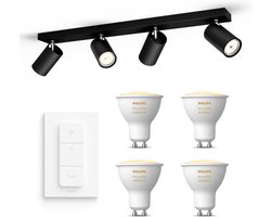 Philips Hue Kosipo Opbouwspot (Zwart) - Warm tot Koelwit Licht - Incl. Hue Dimmer Switch - Plafondspot met 4 Lichtpunten - GU10 - Hue White Ambiance