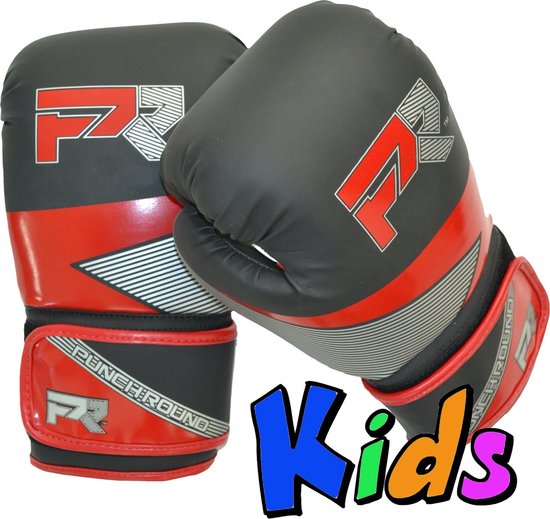 Zwarte bokshandschoenen met rode banden, witte lijnen en "PR" logo. Tekst "Kids" in kleur.
