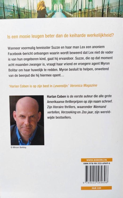 Achterkant boek "Levenslijn" Harlan Coben: tekst over plot, foto auteur en ISBN.