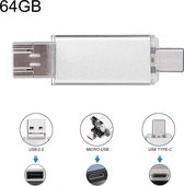 64 GB 3 in 1 USB-C / Type-C + USB 2.0 + OTG Flash Disk, voor Type-C smartphones & pc-computer (zilver)