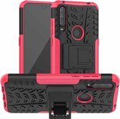 Voor Alcatel 3L (2020) Bandentextuur Schokbestendig TPU + PC Beschermhoes met houder (Rose Red)