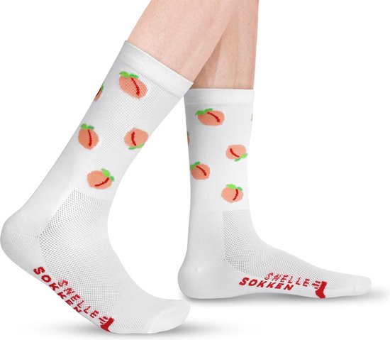 Vrolijke Fietssokken - Perzik print - Wit - Maat 39-45
