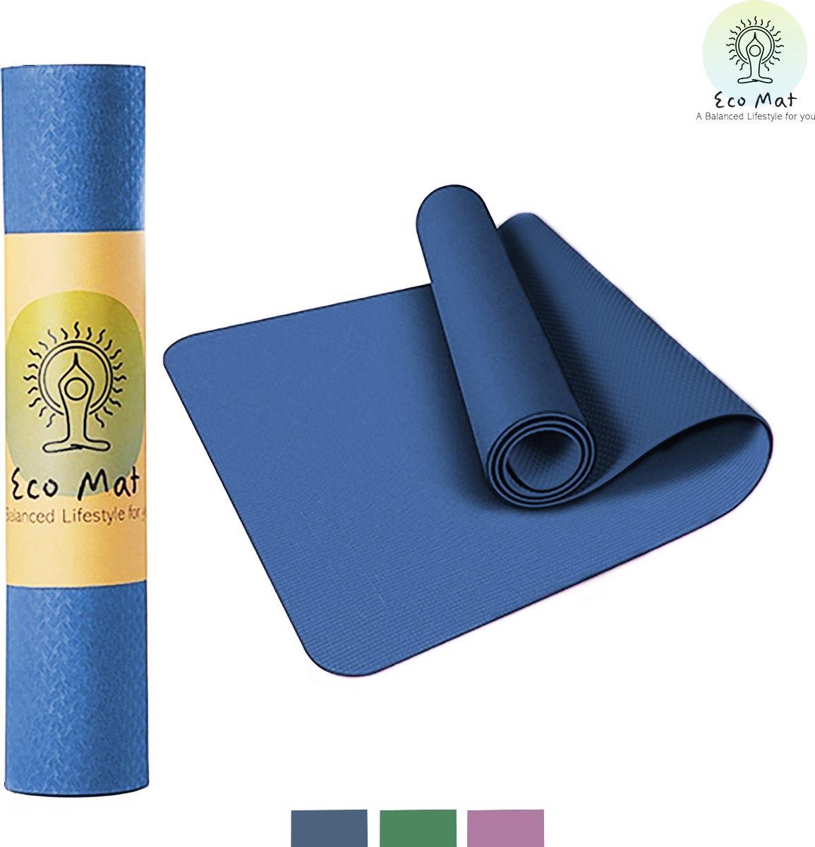 Eco Yoga Mat - Inclusief Draagriem - Anti Slip - Extra Dik (6 mm) - 61 x 183 x 0,6 cm - Donker Blauw