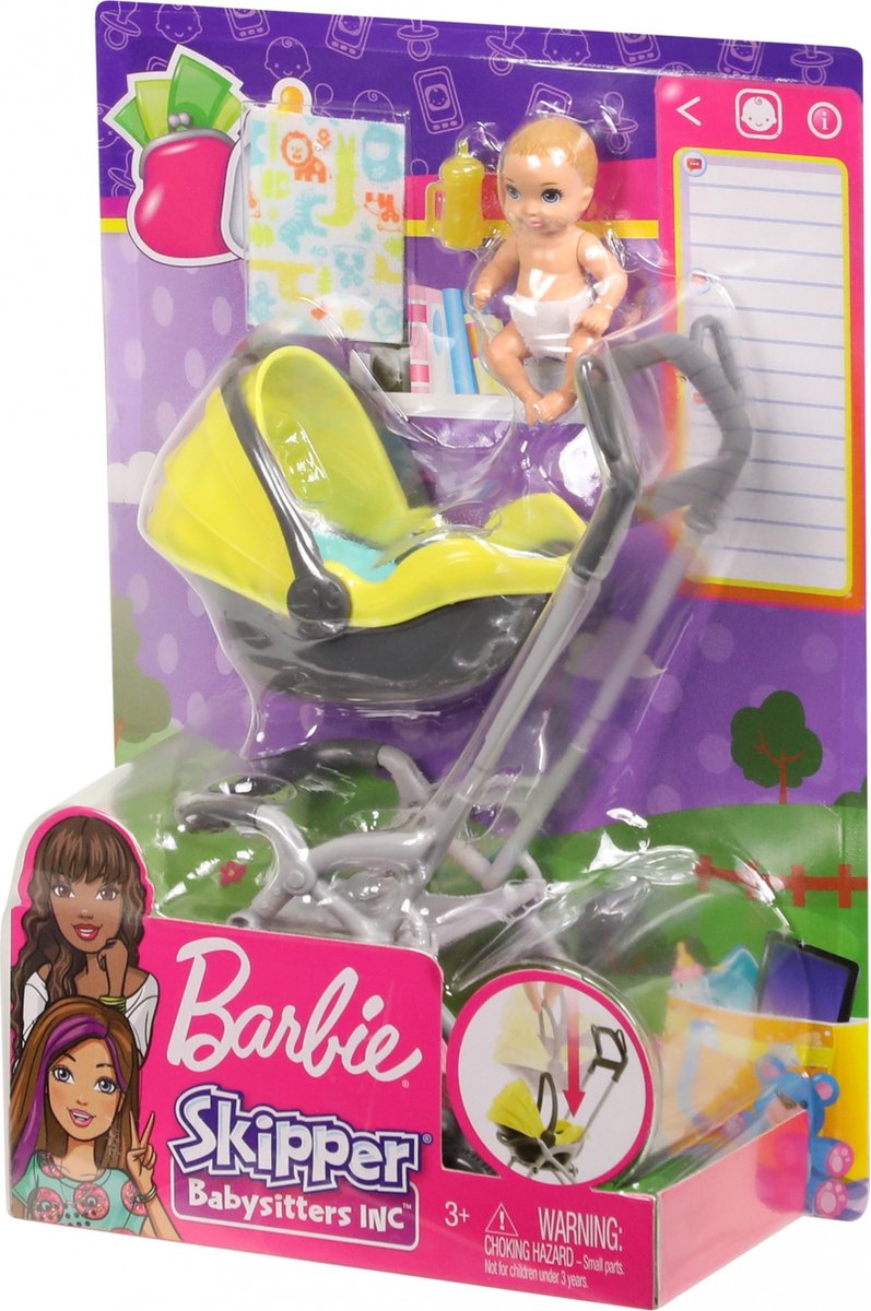 BARBIE Accessoires Babysitter poussette jaune + bébé - Barbie pas cher 