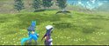 Lucario en jongedame kijken
aan op een vliegende Staraptor.