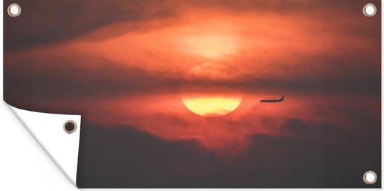 Tuinposter Zonsondergang met silhouet van vliegtuig - 60x30 cm - Tuindoek - Buitenposter