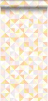 Origin behang driehoekjes poederroze, pastel perzikoranje, pastel geel, licht warm grijs en glanzend goud - 337211 - 53 cm x 10,05 m