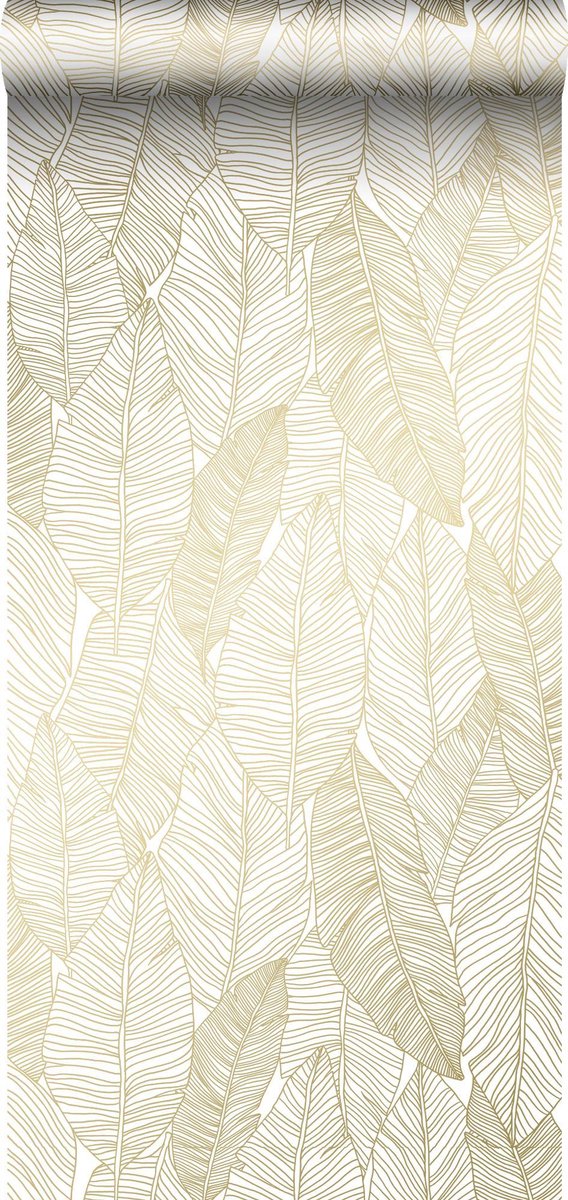 ESTAhome behang getekende bladeren wit en goud - 139125 - 0.53 x 10.05 m