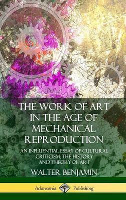 Boekomslag 'The Work of Art in the Age of Mechanical Reproduction' met tandwielen en paarse bloemen