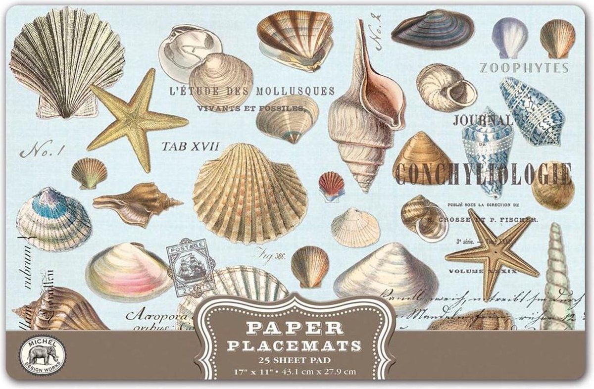 Placemats Seashells - Schelpen - 25 stuks - papier - Placemat van papier op blok met strand schelpen beach look