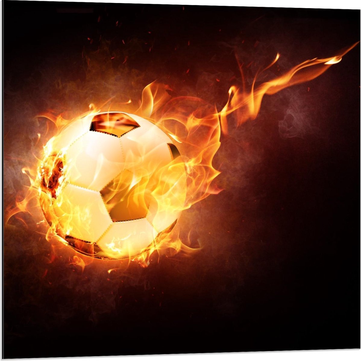 Dibond - Voetbal met Snelheidsvuur - 80x80cm Foto op Aluminium (Met Ophangsysteem)
