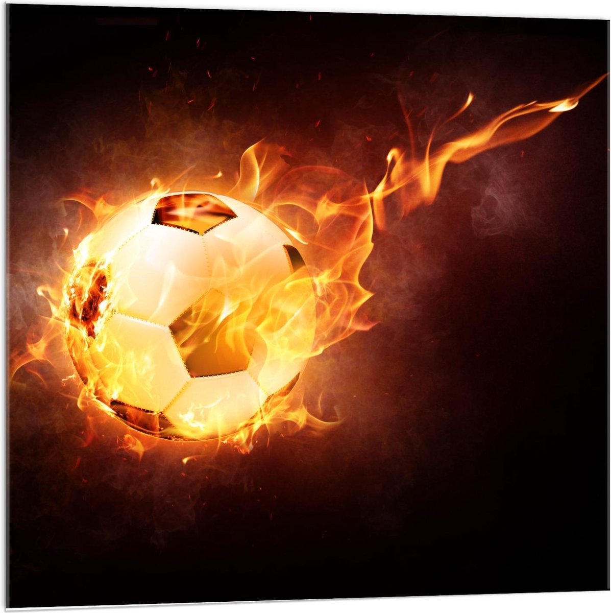 Acrylglas - Voetbal met Snelheidsvuur - 100x100cm Foto op Acrylglas (Met Ophangsysteem)