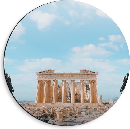 Dibond Wandcirkel - Akropolis in Athene - 40x40cm Foto op Aluminium Wandcirkel (met ophangsysteem)