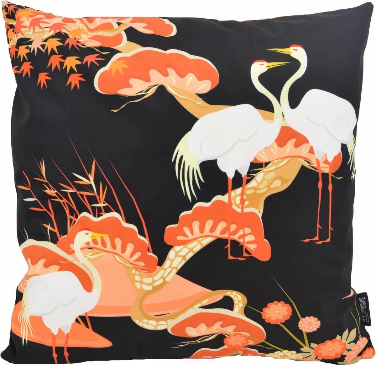 Gek op Kussens! Kraanvogel #4 / Crane Birds Kussenhoes | Katoen / Polyester | 45 x 45 cm zwart/oranje
