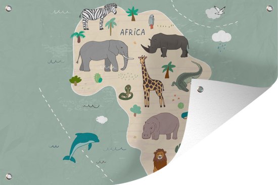 Tuindecoratie Wereldkaart kinderen - Dieren - Afrika - Jongens - Blauw - Kids - 60x40 cm - Tuinposter - Tuindoek - Buitenposter