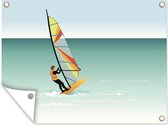 Tuinschilderij Een illustratie van een man die aan de kust aan het windsurfen is - 80x60 cm - Tuinposter - Tuindoek - Buitenposter