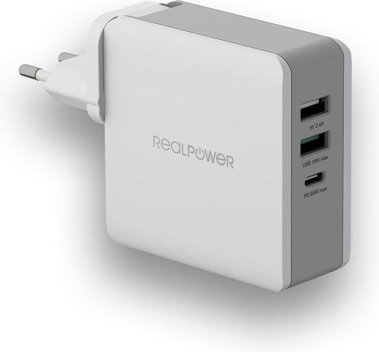 RealPower DeskCharge-65 Travel (EU, UK US), 1 x USB-C PD, x USB 18W fast... | bol.com