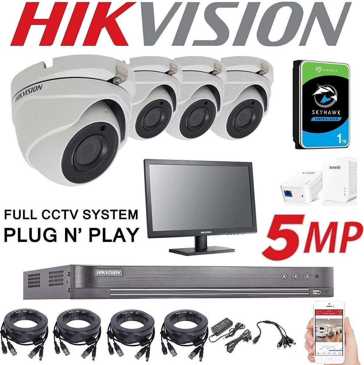 Système de sécurité CCTV 4 canaux Hikvision 5 MP 4 caméras HIKVISION résolution 4K DS-7204HUHI/K1 DVR + Disque Dur de 1 to (kit Complet + 4 caméras + 1 To + ECRAN HIKVISION 22'')