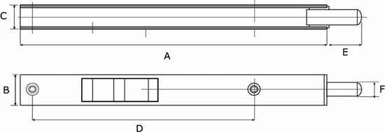 Technische tekening van een kantschuif met afmetingen A, B, C, D, E en F.