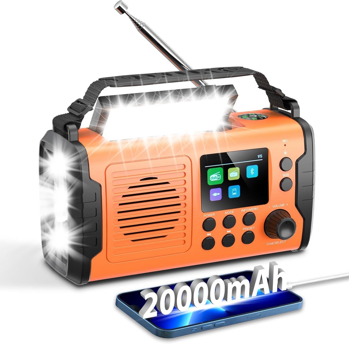 Draagbare Noodradio 20000mAh met Oplaadbare Dynamo, Solar en Bluetooth DAB/FM