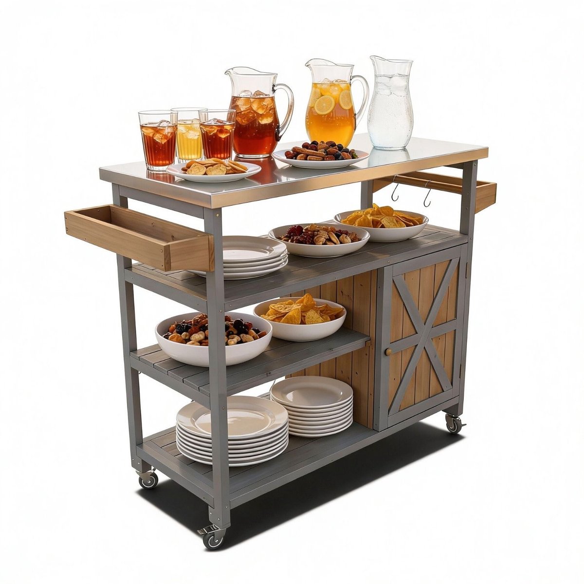 Coemo JAMES houten serveerwagen, keukeneilandwagen met vergrendelbare wielen, roestvrijstalen tafelblad, ook ideaal voor tuin, terras en barbecues 118 x 47 x 92 cm, Grijs