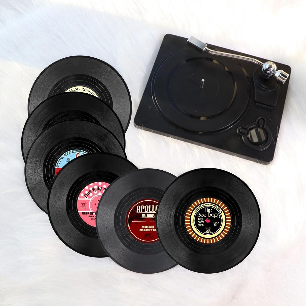 Set van 6 Retro Vinyl Onderzetters voor Dranken - Antislip Plastic Bier- en Drinkmatten