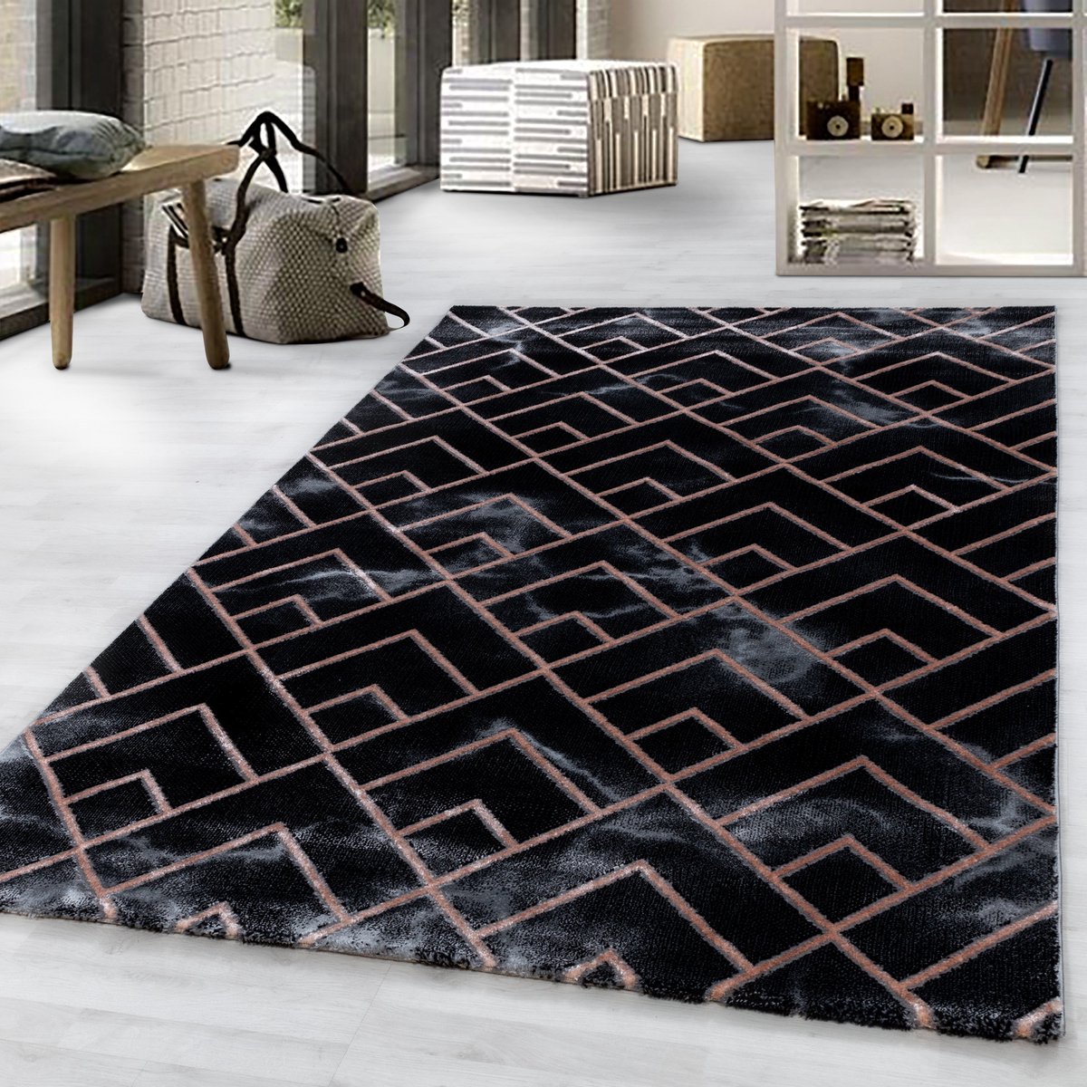 Laagpolig vloerkleed, marmerdesign, bronskleur, woonkamerkleed, jute achterkant, afmeting: 140 x 200 cm