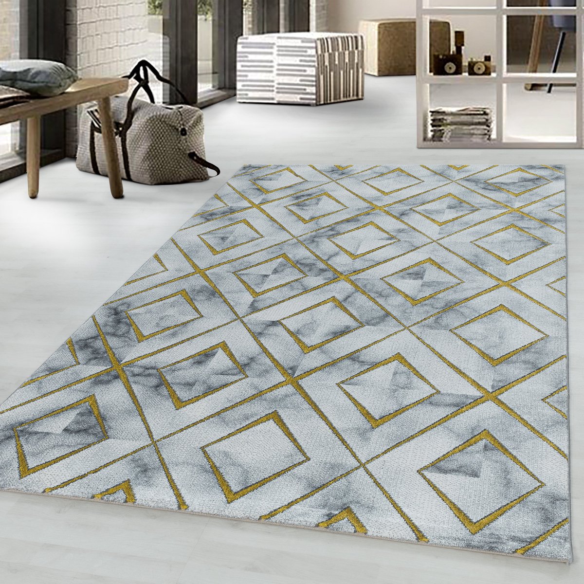 Laagpolig vloerkleed, marmerdesign, goudkleurig, woonkamerkleed, jute achterkant, afmeting: 140 x 200 cm