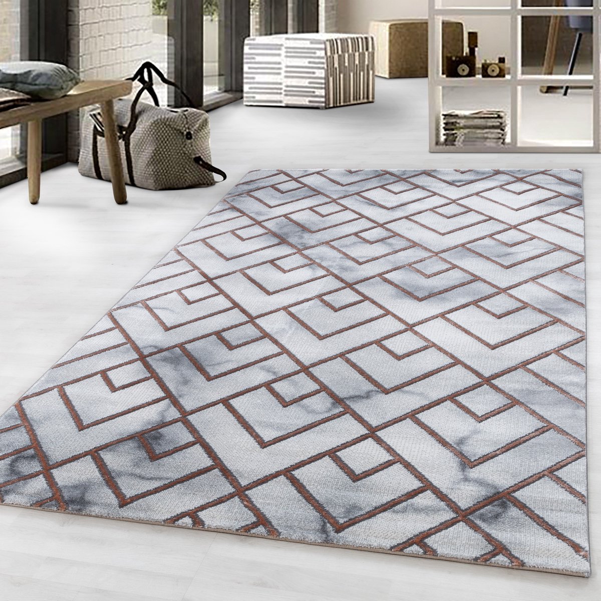 Laagpolig vloerkleed, marmerdesign, bronskleur, woonkamerkleed, jute achterkant, afmeting: 140 x 200 cm