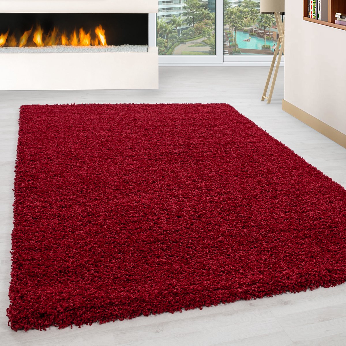Ayyildiz Hoogpolig vloerkleed, effen kleur - effen rood, vloerkleed voor de woonkamer, jute achterkant, afmeting: 100 cm x 200 cm