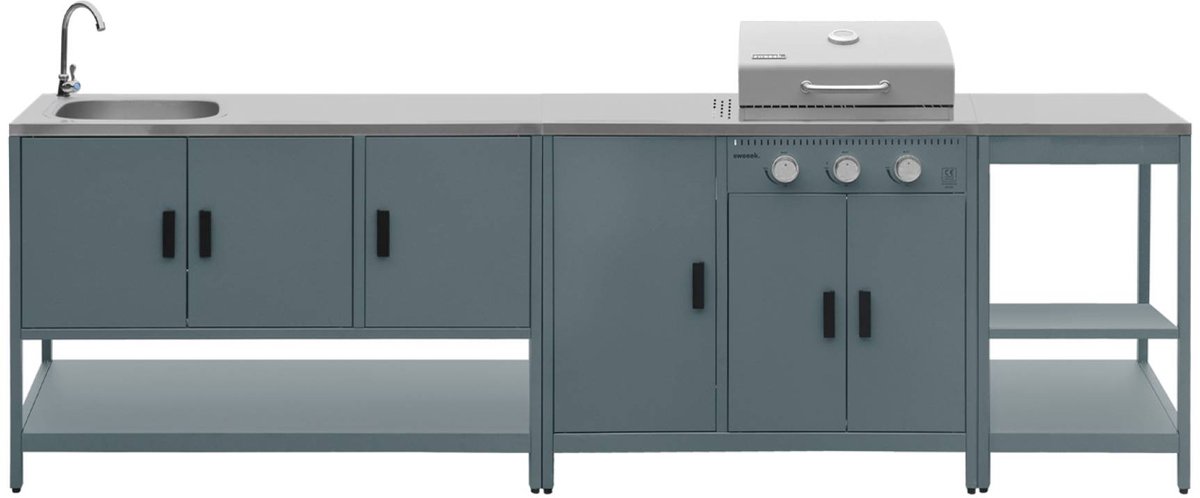 sweeek - 3 buitenkeukenmodules met gasbarbecue gootsteen en opbergruimte staal - naxos