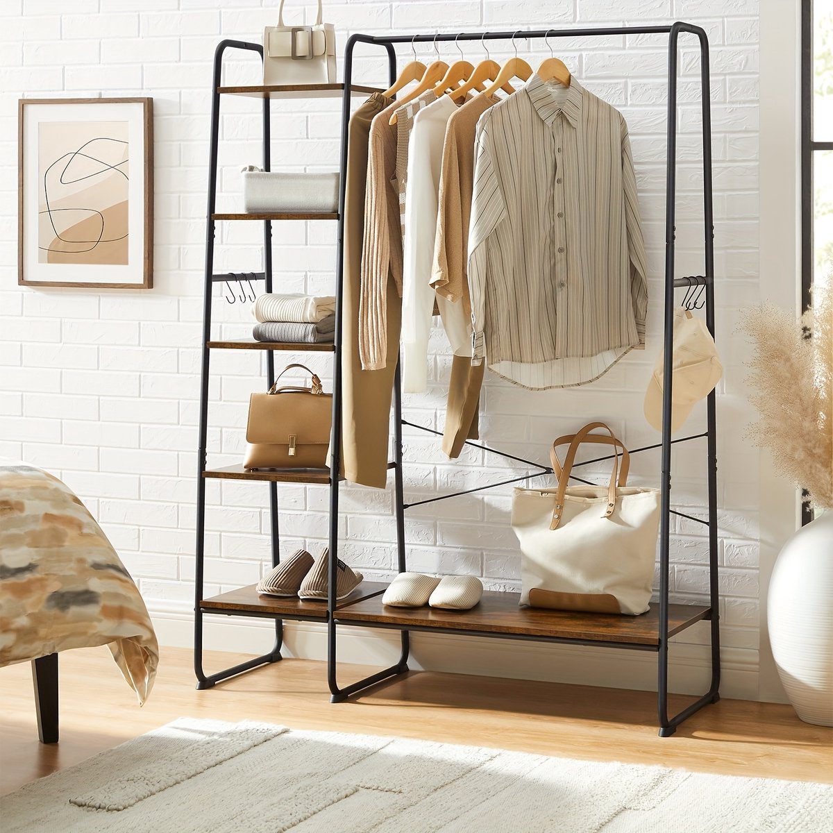 5-laags Zware Freestanding Kledingrek met Schoenenplank & 6 Haken