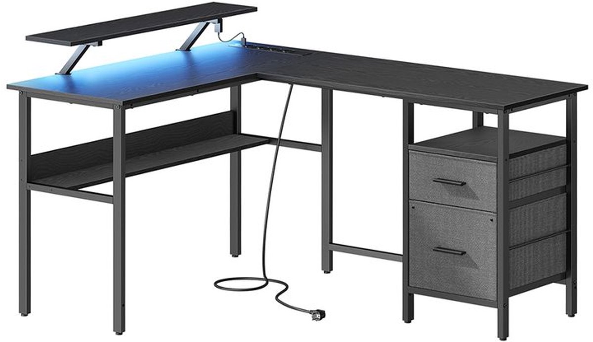 Hoppa! Computerbureau - Houtachtig Zwart - Spaanplaat, Staal, Niet-Geweven Stof, Polykatoenstof - 120 x 150 x 76 cm (B x D x H)