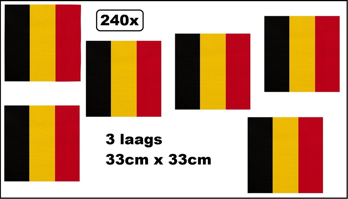 240x Servetten Belgie 33cm x 33cm - 3 laags - Servet diner eten knoeien restaurant WK 2026 BBQ thema feest verjaardag feest