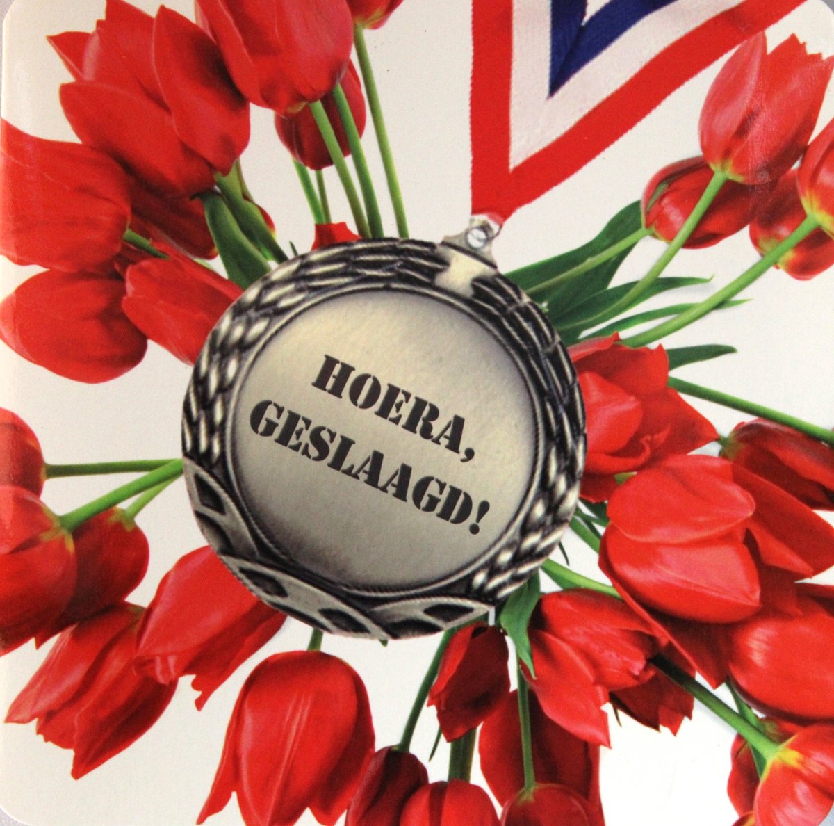 6 Luxe Geslaagd Wenskaarten - Kaart Wens Kaart Examen Geslaagd School Studie Opleiding - Hoera Geslaagd Medaille Tulpen - Vierkant 14x14cm Rood Wit Blauwe Envelop - Art of Cards - Gratis Verzonden - Hoge Afnamekortingen