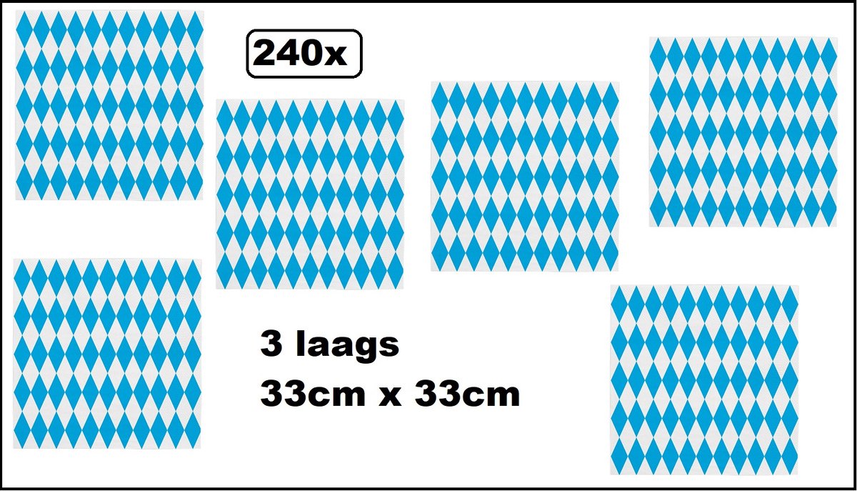 240x Servetten blauw/wit Beiers 33cm x 33cm - 3 laags - Servet diner eten knoeien restaurant Oktoberfest BBQ thema feest verjaardag feest