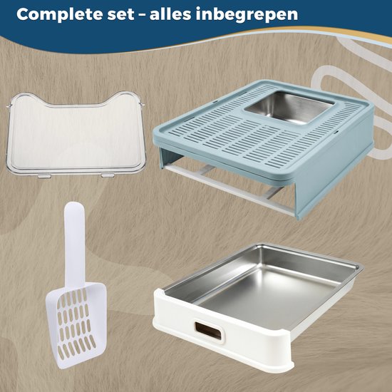 Onderdelen van de lichtblauwe opvouwbare kattenbak: deksel, bovenkant, lade en schep.