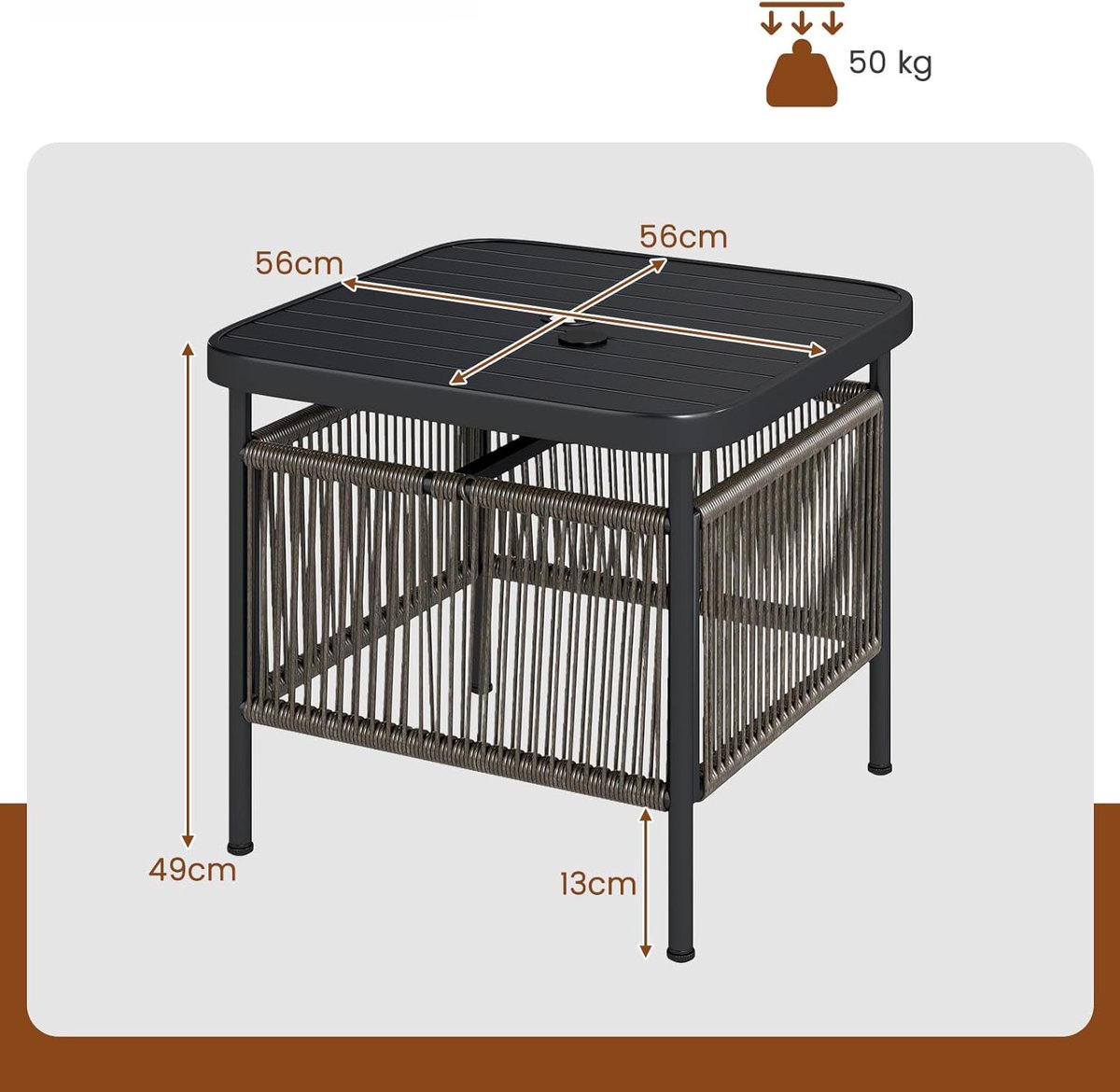 KOMFOTTEU Tuintafel - 56 × 56 × 49 cm - bijzettafel voor buiten - met parasolgat - Bistrotafel - kunststof - metaal - vierkant - voor balkon, terras en tuin thumbnail 3