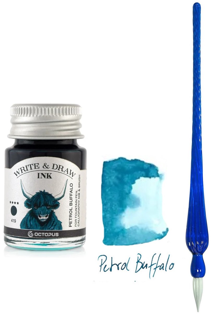 Glazen dip pen set in doosje - Blauw - Potje Octopus inkt petrol buffalo